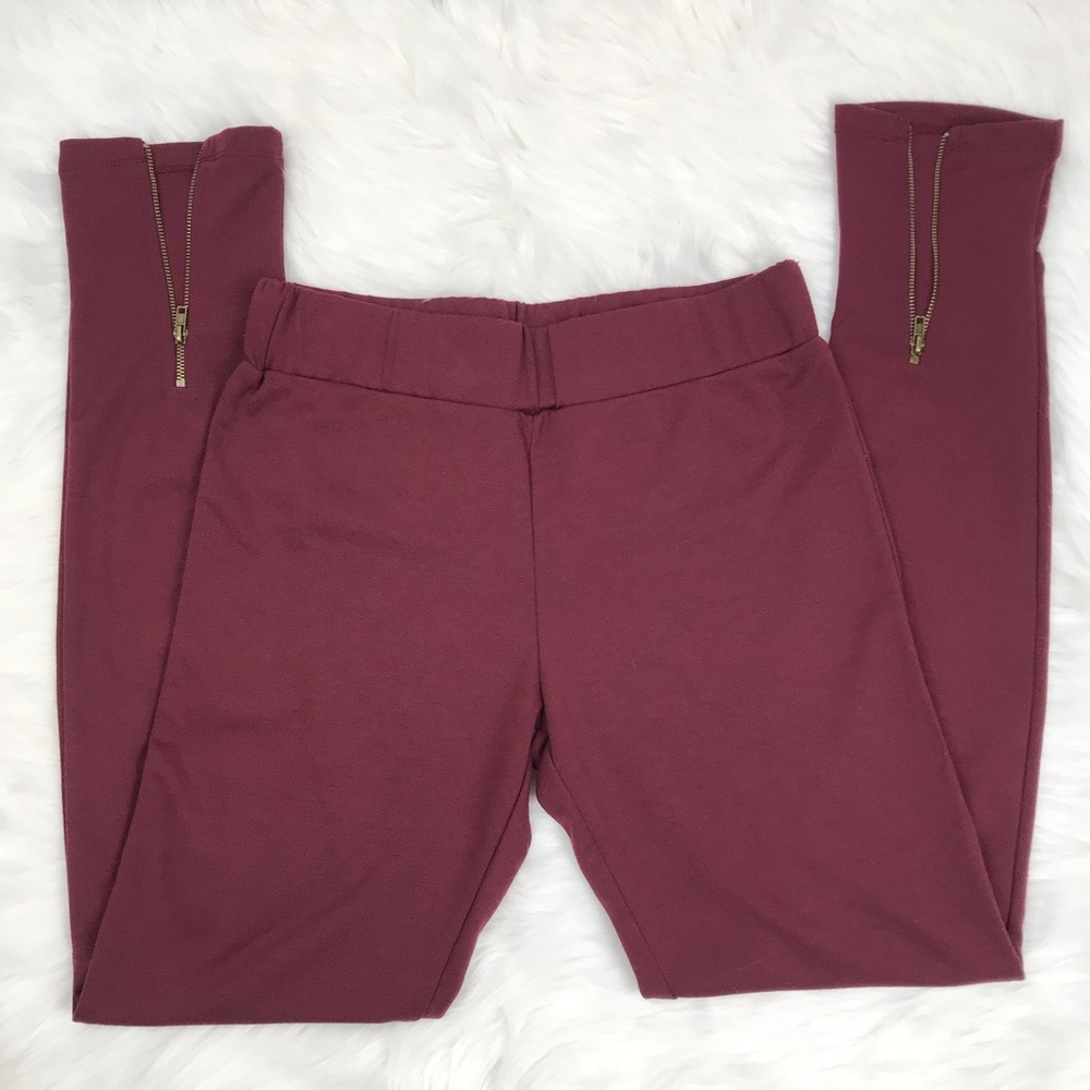 Color Thread Ankle Zipper Leggings Maroon Sz Med